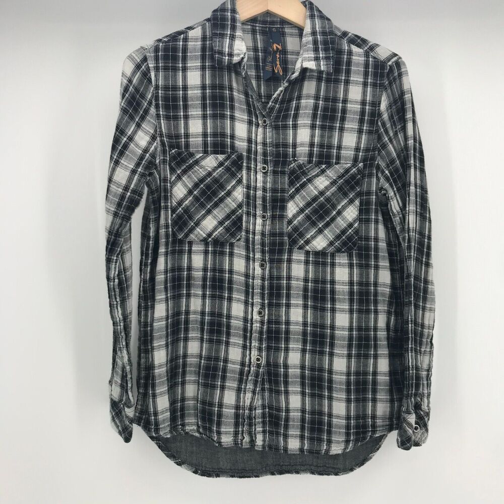 Seven7 Top Womens Small Black White Plaid Button Up Cotton Long Sleeve